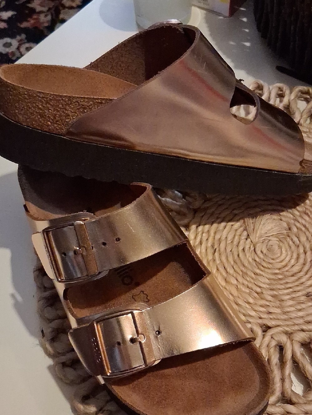 Birkenstock Metallic Rose Gold, Platform,Two-Strap Sandals, Size 37. - Picture 9 of 12